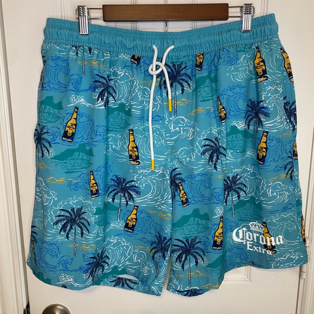 Corona‎ Extra Mens 2XL 44 46 Swim Trunks Blue Tropical Palm Tree Board Shorts